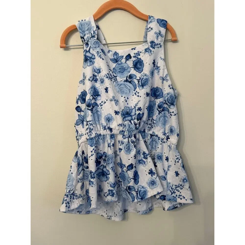 Tahari Girls Blue White Floral 2 Pc Matching Set Peplum Top Wide Leg Pants Sz 12